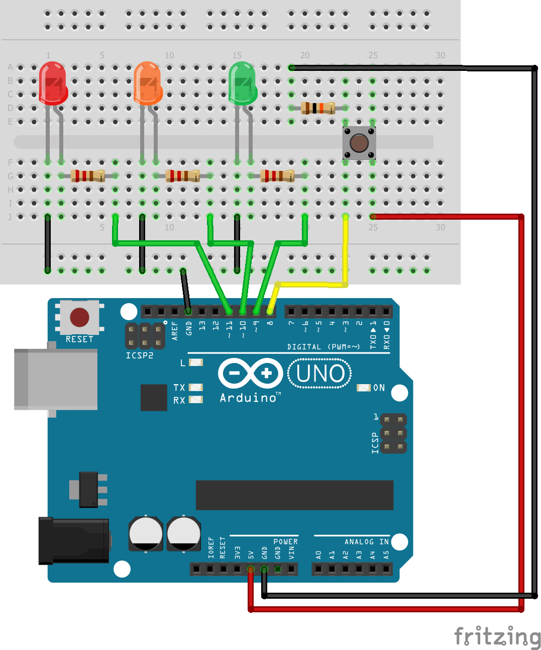 Control 3 with Arduino and one pushbutton • AranaCorp